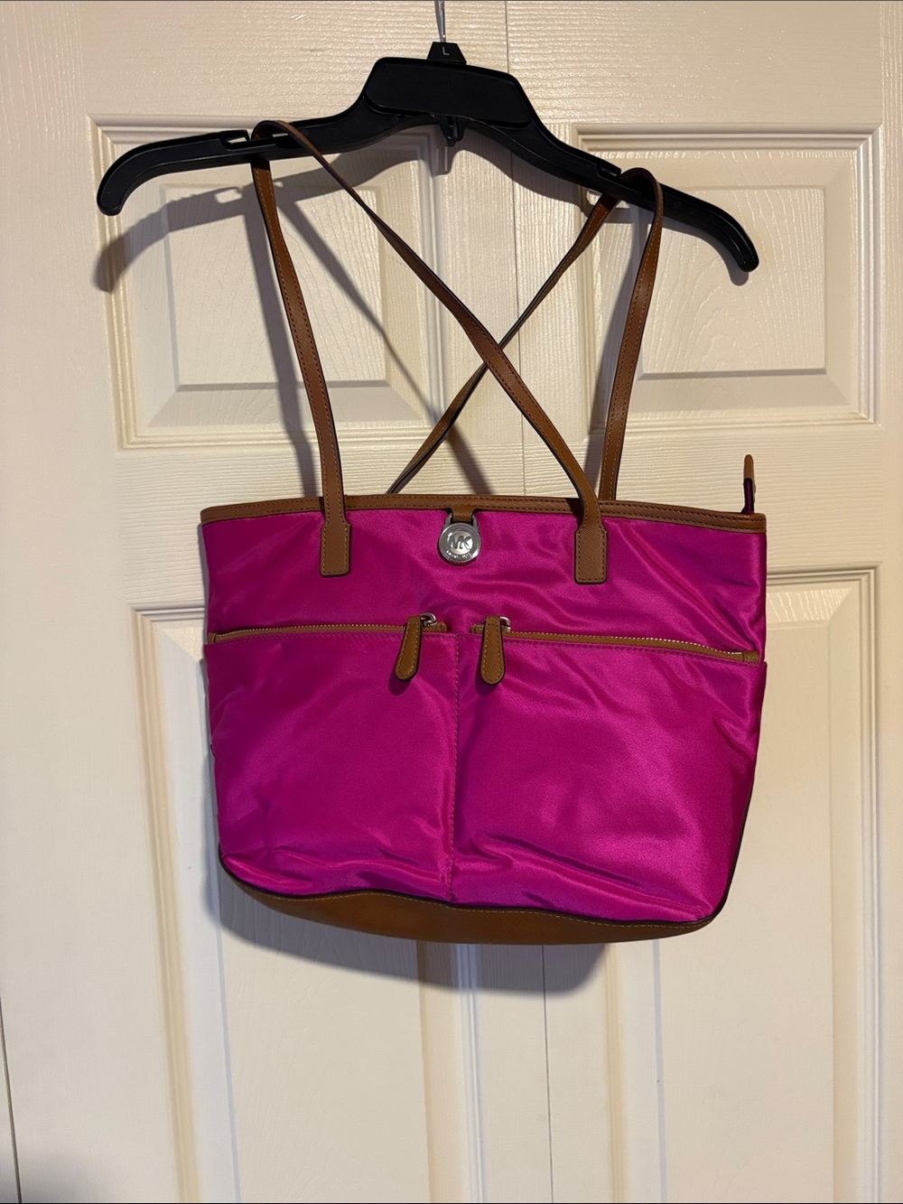 MICHAEL Michael Kors Hot Pink Tote with Brown Trim